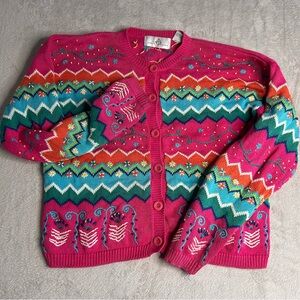 Design Options Sweater Women's Large Cardigan Beaded‎ Embroidered Multicolor